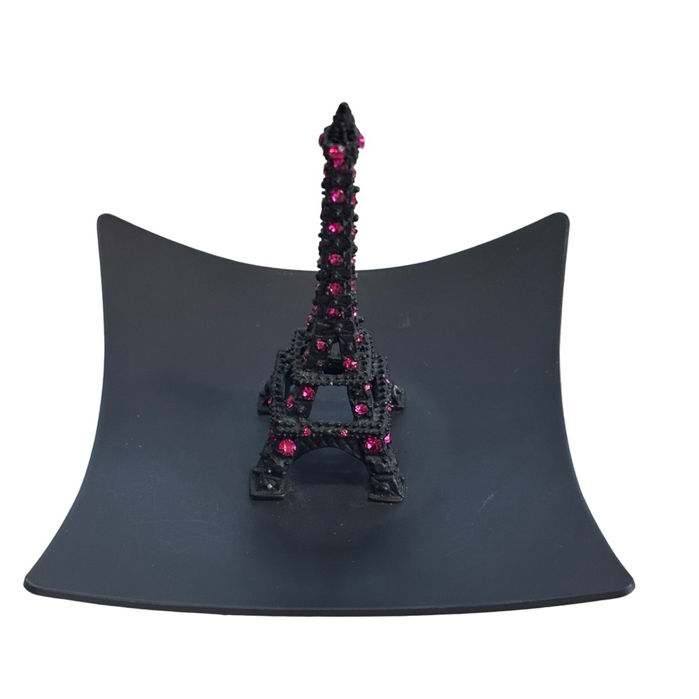 Black Eiffel Tower Trinket Dish with Pink Rhinestones Ring Holder‎